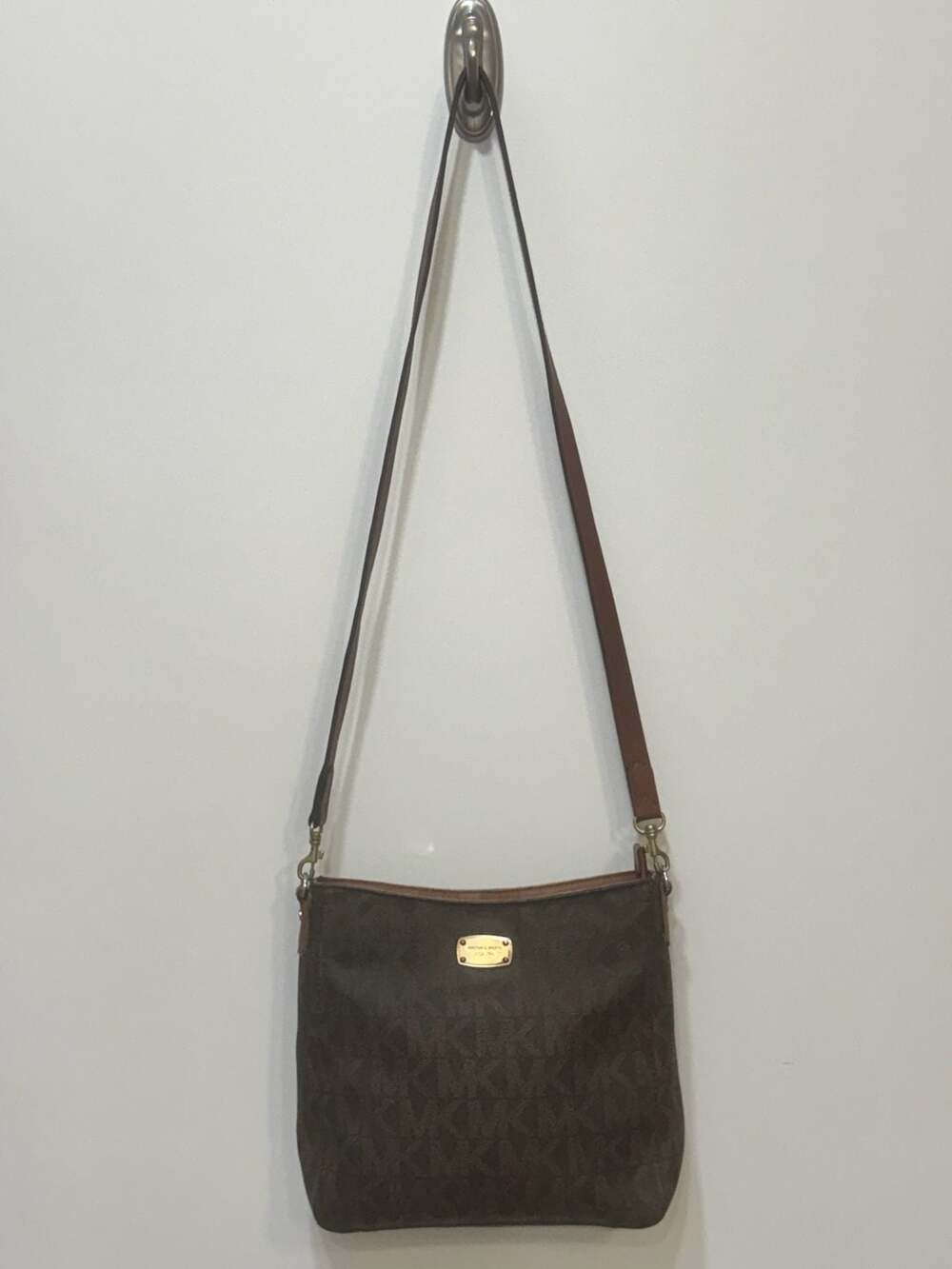 Michael Kors Jet Set Brown MK Logo Crossbody Messenger Bag PVC Leather